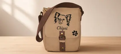 Personalisierte graue Canvas-Tasche mit einem gestickten langhaarigen Chihuahua, Pfotenabdrücken und Wunschnamen.