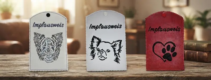 Heimtierausweis mit Hunderassen, Katzenrassen, Pfoten und Herzen