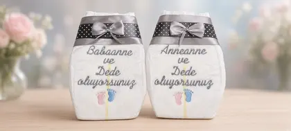 Individuell bestickte Babywindel in Fremdsprache zur Schwangerschaftsverkündung.