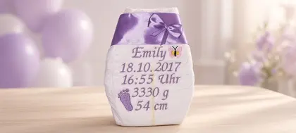 Personalisierte Erinnerungswindel in Flieder mit Namen und Geburtsdaten bestickt.