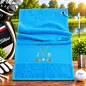 Preview: Golfhandtuch Türkisblau Golfschläger in Goldfarbe Personalisiert mit Initialen