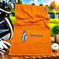 Preview: Golfhandtuch Orange Personalisiert mit Golftasche und Namen in Dunkelblau