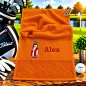 Preview: Golfhandtuch Orange Personalisiert mit Golftasche und Namen in Dunkelrot