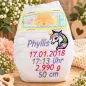 Preview: Personalisierte Babywindel bestickt mit Name, Geburtsdaten und einem wunderschönen Einhorn-Motiv.