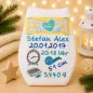 Preview: Personalisierte Windel bestickt mit Name, Geburtsdaten und Uhr in Türkisblau und Grau.