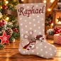 Preview: Wattierter beiger Nikolausstiefel Größe S mit weißen Sternen, Weihnachtsmaus mit Zuckerstange und dunkelrot gesticktem Namen Raphael