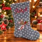 Preview: Grauer Nikolausstiefel XXL mit weißen Sternen, Weihnachtsmaus mit Zuckerstange, Schneeflocken und rot gesticktem Namen Jakob