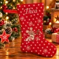 Preview: Roter Nikolausstiefel XXL mit weißen Sternen, Weihnachtsmaus mit Zuckerstange, Schneeflocken und weiß gesticktem Namen Thea