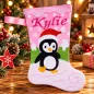 Preview: Rosa Nikolausstiefel Größe S mit weißen Sternen, Pinguinmotiv und pink gesticktem Namen Kylie