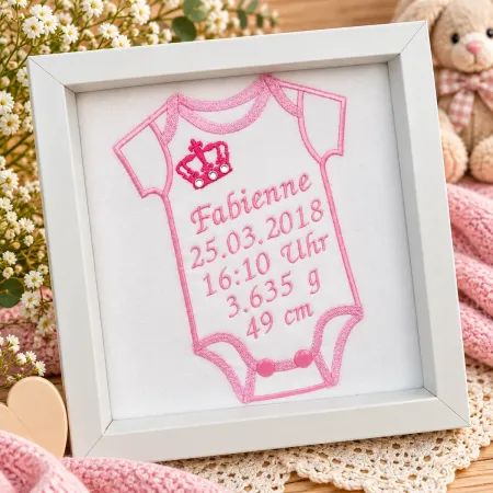 Bilderrahmen zur Geburt mit Baby Body Krone Name und Geburtsdaten