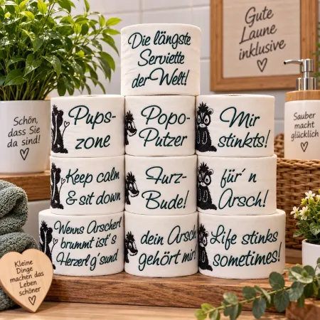 Bestickte Toilettenpapier Banderole mit lustigem Spruch