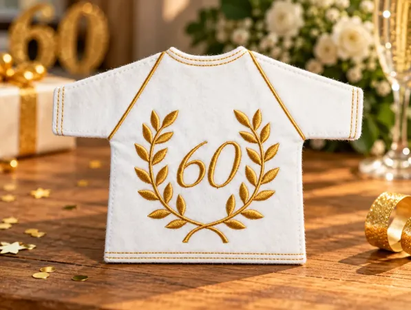 Weißes Flaschen-T-Shirt zum 60. Geburtstag mit goldener Zahl 60, gesticktem Lorbeerkranz und goldfarbenen Ziernähten