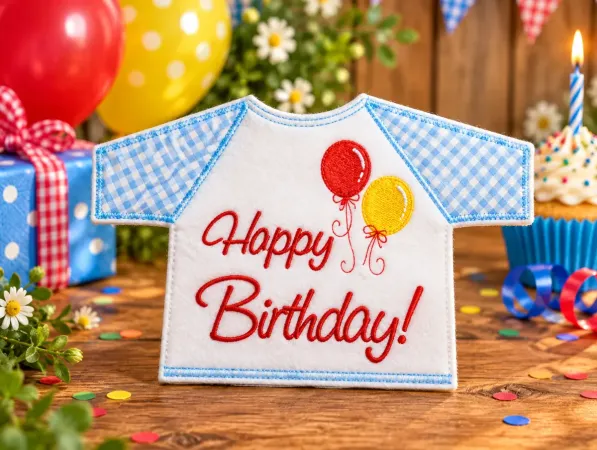 Weißes Flaschen-T-Shirt mit blau karierten Ärmeln, rotem Happy Birthday Schriftzug und gestickten Luftballons
