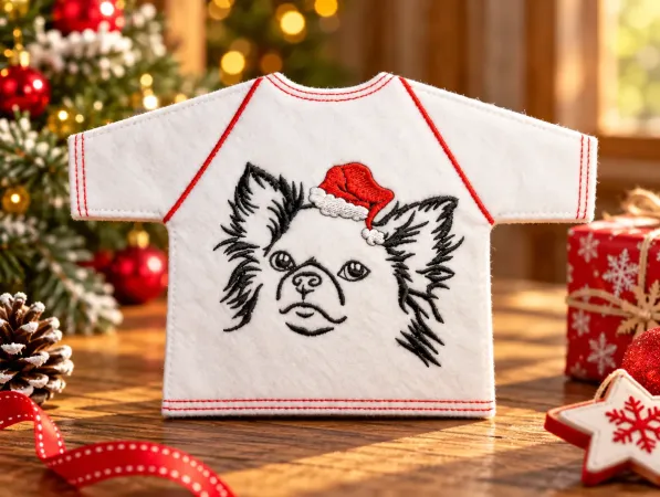 Weißes Flaschen-T-Shirt mit schwarzer Hundestickerei, roter Weihnachtsmütze und roten Ziernähten