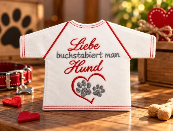 Weißes Flaschen-T-Shirt mit rotem und grauem Schriftzug Liebe buchstabiert man Hund sowie Herz und Pfotenabdrücken