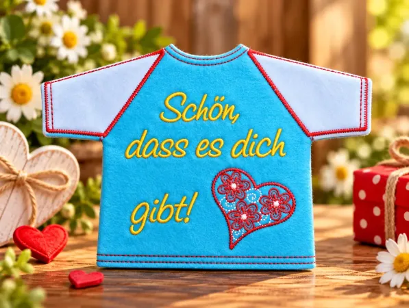 Flaschen-T-Shirt mit Spruch Schön dass es dich gibt, gesticktem Blumenherz