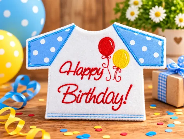 Weißes Flaschen-T-Shirt Happy Birthday mit hellblauen gepunkteten Ärmeln und gestickten Luftballons