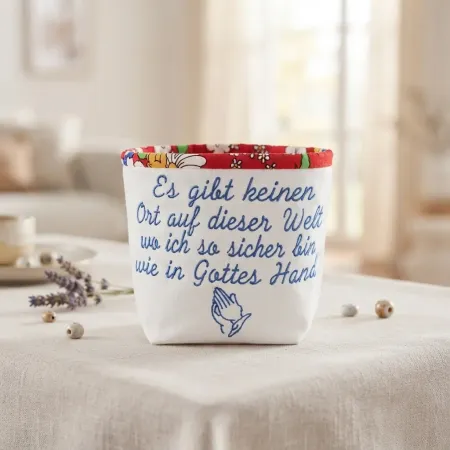 Bestickter Stoffkorb mit liebevollem Spruch aus Baumwolle