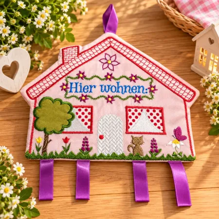 Rosafarbenes besticktes Türschild in Hausform mit Schriftzug Hier wohnen, Blumen, Katze und vier lilafarbenen Satinbändern