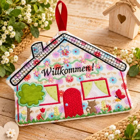 Haustürschild Willkommen aus Baumwolle bestickt 23 x 16,5 cm