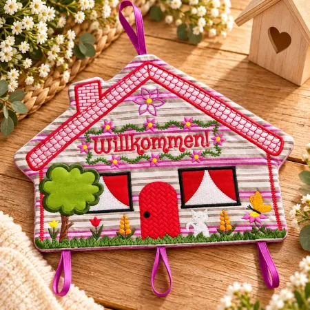 Haustürschild Willkommen aus Baumwolle bestickt 23 x 17 cm