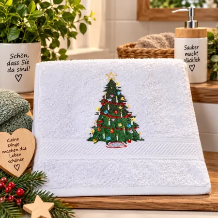 Weißes Weihnachtshandtuch 30 x 50 cm mit Weihnachtsbaum