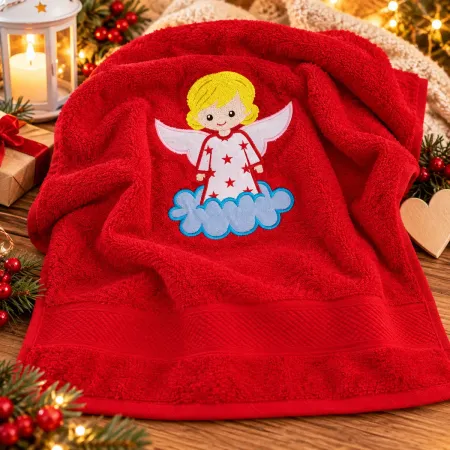 Rotes Engel Handtuch für Mädchen 50x100 cm mit Wunschname und Stoffapplikation