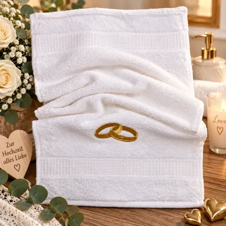 Hochzeitsgastgeschenk Handtuch mit Eheringen und Wunschname bestickt
