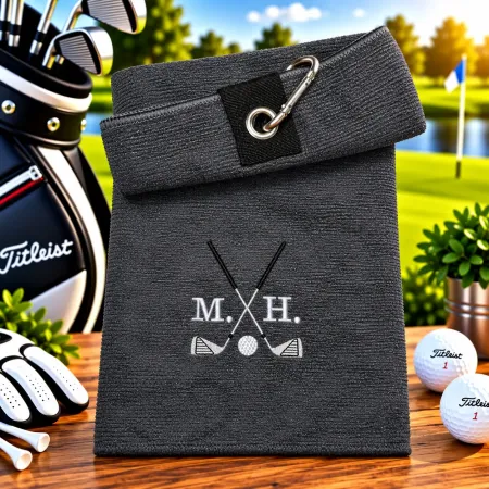 Golfhandtuch Microfaser Grau Personalisiert mit Golfmotiv und Initialen