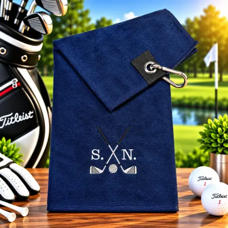 Golfhandtuch Microfaser Marineblau Personalisiert mit Golfmotiv und Initialen