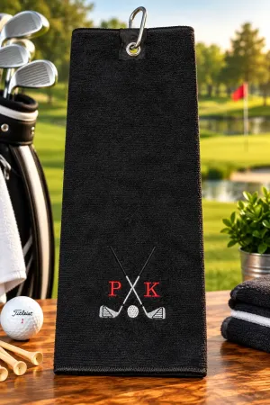 Golfhandtuch Microfaser Schwarz Personalisiert mit Golfmotiv und Initialen