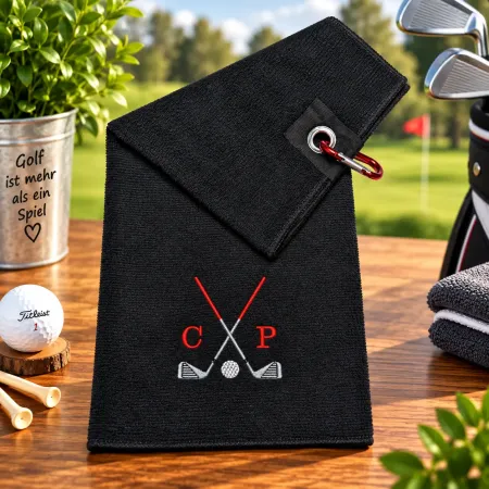 Golfhandtuch Microfaser Schwarz Bestickt mit Golfmotiv