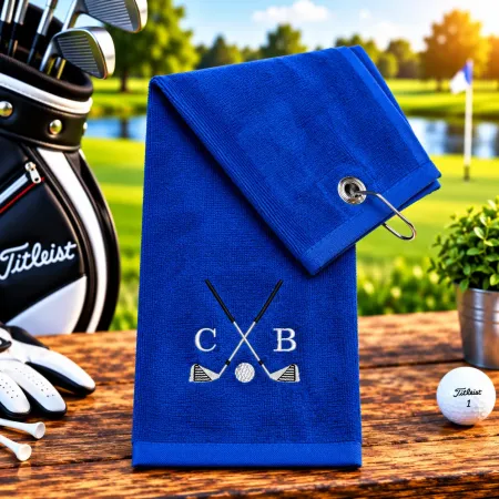 Golfhandtuch Blau Personalisiert mit Golfschläger und Initialen
