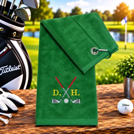 Golfhandtuch Dunkelgrün Personalisiert mit Golfschläger und Initialen