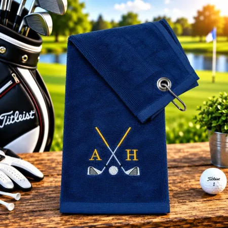 Golfhandtuch Marineblau Personalisiert mit Golfschläger und Initialen