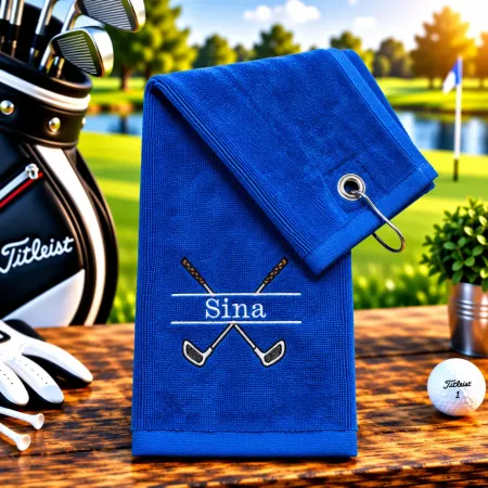 Golfhandtuch Blau Personalisiert mit Golfschläger und Namen
