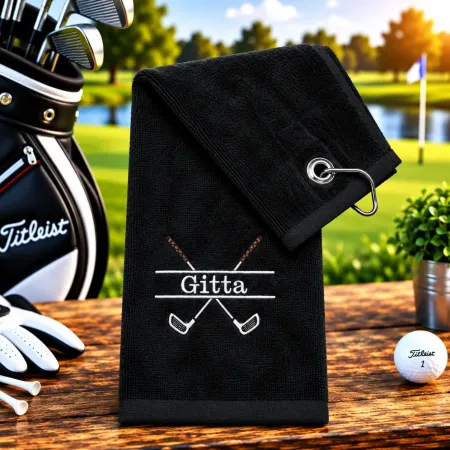 Golfhandtuch Schwarz Personalisiert mit Golfschläger und Namen