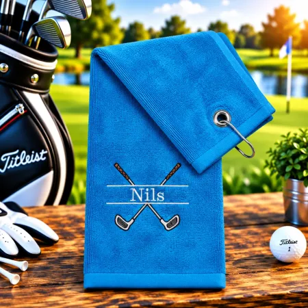 Golfhandtuch Türkisblau Personalisiert mit Golfschläger und Namen