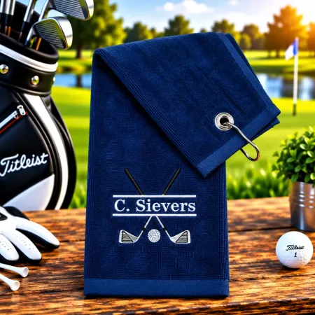 Golfhandtuch Marineblau Personalisiert mit Golfschläger und Namen