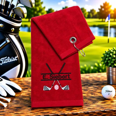 Preview: Golfhandtuch Rot Personalisiert mit Golfschläger und Namen
