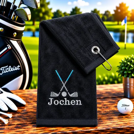 Golfhandtuch Schwarz Personalisiert mit Golfmotiv und Namen