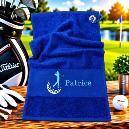 Personalisiertes Golfhandtuch in Blau mit Golferin und Wunschname