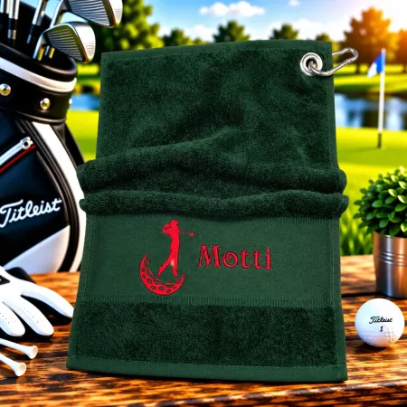 Personalisiertes Golfhandtuch in Dunkelgrün mit Golferin und Wunschname
