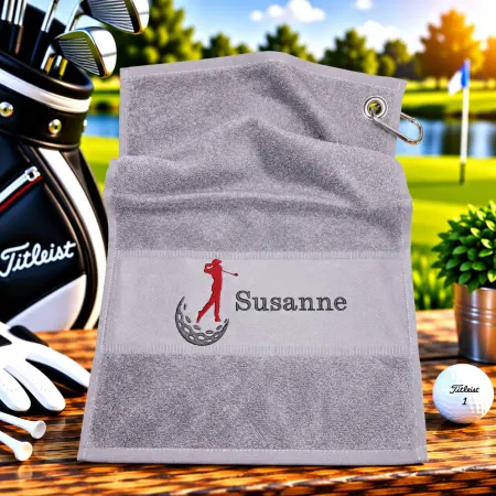 Personalisiertes Golfhandtuch in Mittelgrau mit Golferin und Wunschname