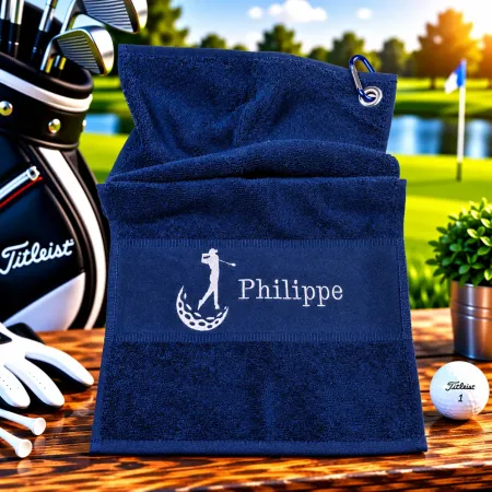 Preview: Personalisiertes Golfhandtuch in Marineblau mit Golferin und Wunschname