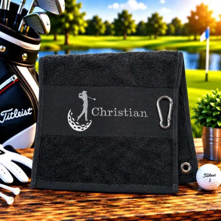 Personalisiertes Golfhandtuch in Schwarz mit Golferin und Wunschname