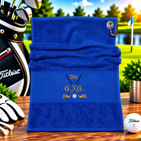 Golfhandtuch Blau Golfschläger in Goldfarbe Personalisiert mit Initialen