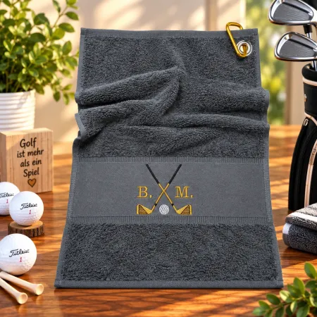 Golfhandtuch Dunkelgrau Golfschläger in Goldfarbe Personalisiert