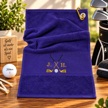 Golfhandtuch Dunkellila Golfschläger in Goldfarbe Personalisiert mit Initialen
