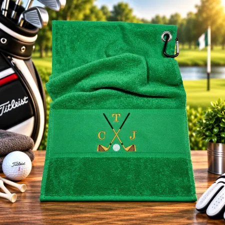 Golfhandtuch Grün Golfschläger in Goldfarbe Personalisiert mit Initialen